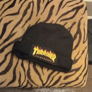 Thrasher Black Beanie with Yellow-Orange Flame Logo
